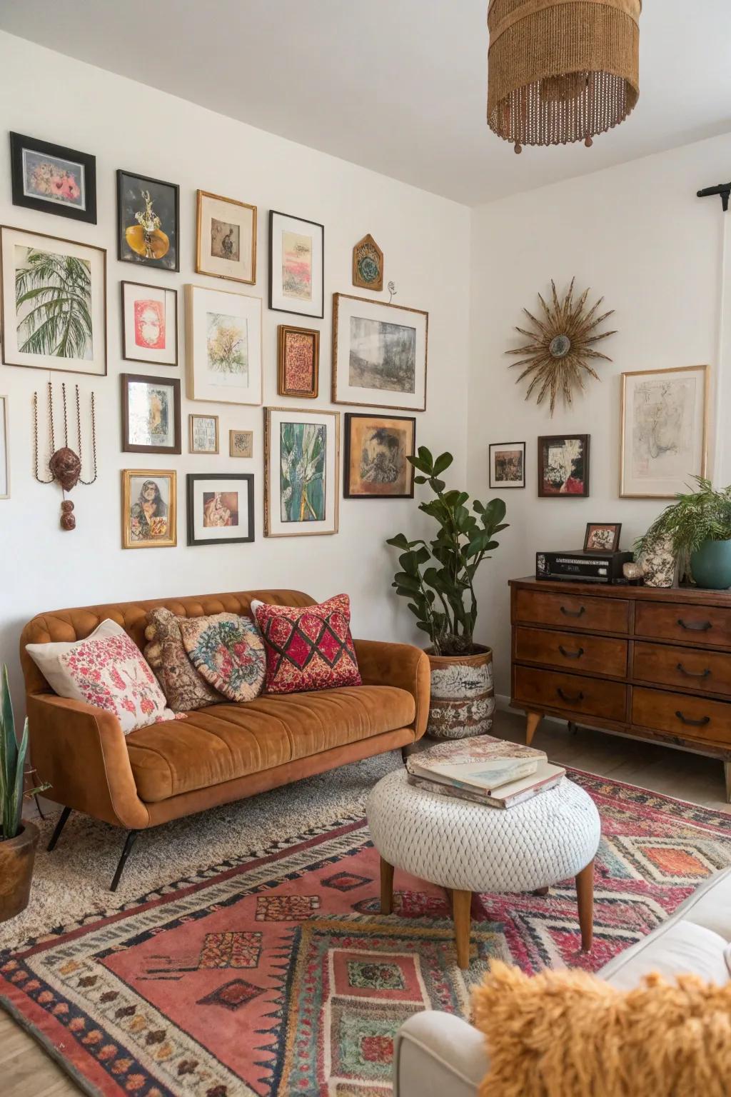 Diverse decor is central to a boho living space.