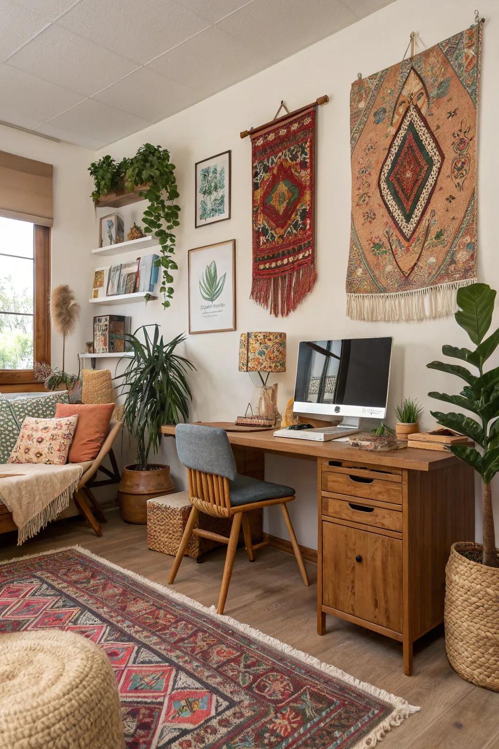 Organic tones with vibrant highlights strike a balanced boho appearance.