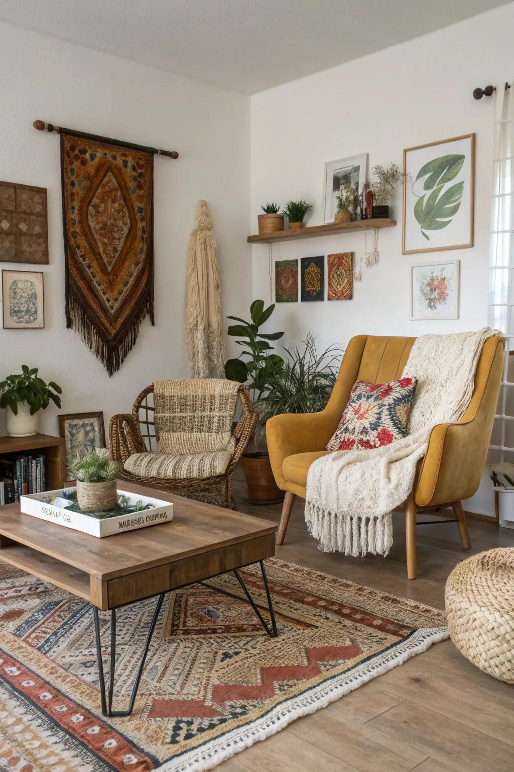 Diverse furniture fashions a room brimming with distinctiveness and allure.