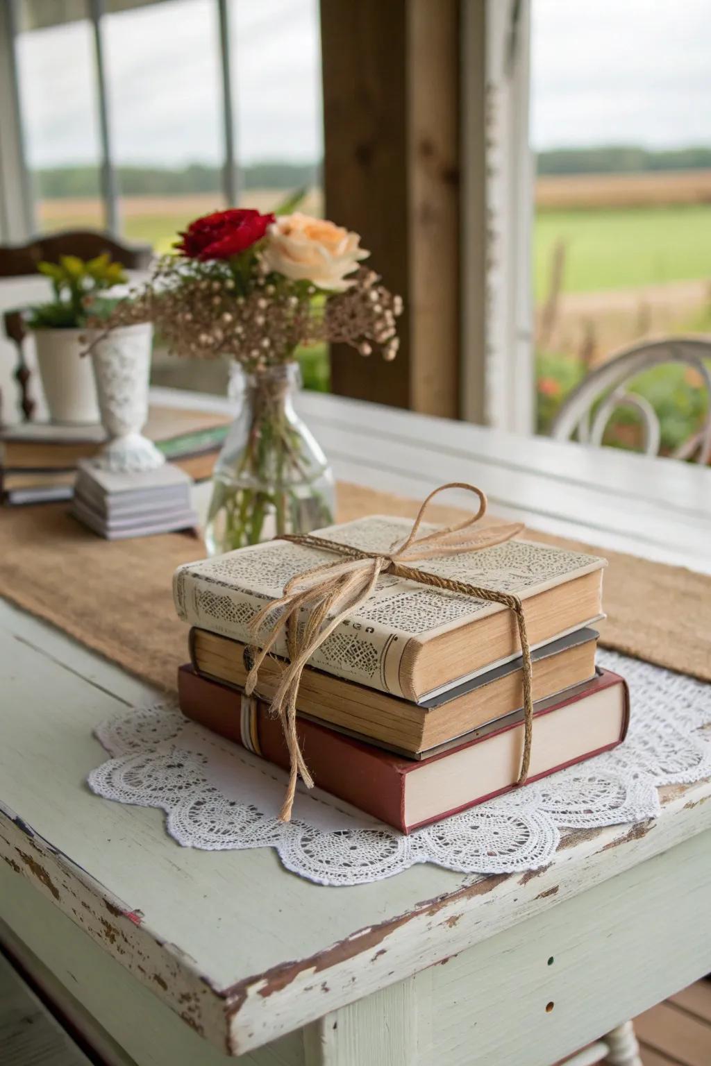 Rustic sophistication achieved with books adorned in string and ribbon.