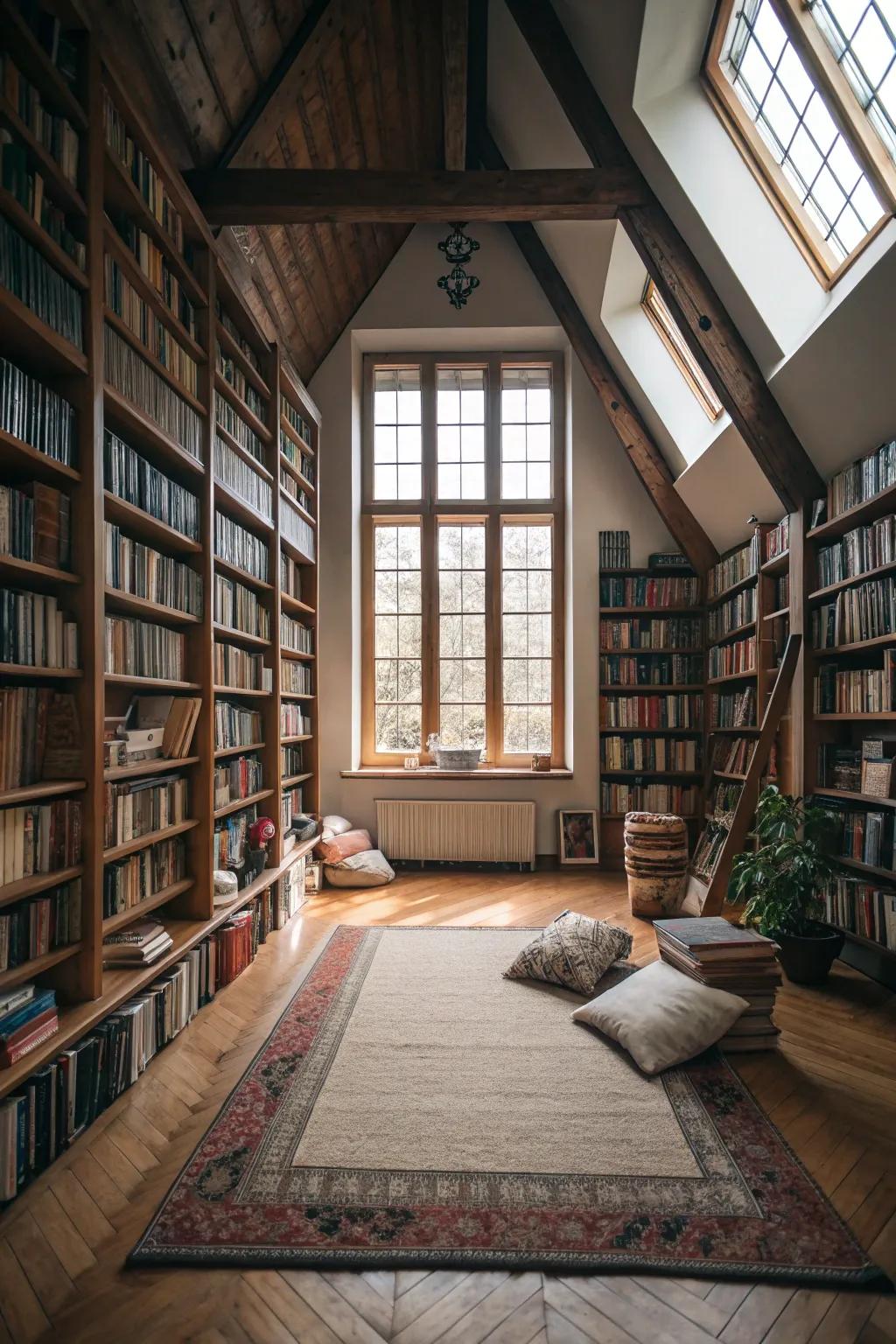 An attic space converted into a personal library, tailored for avid readers.