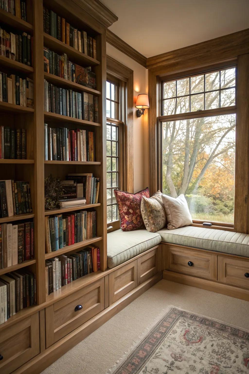 Create a snug reading nook with well-placed shelves.