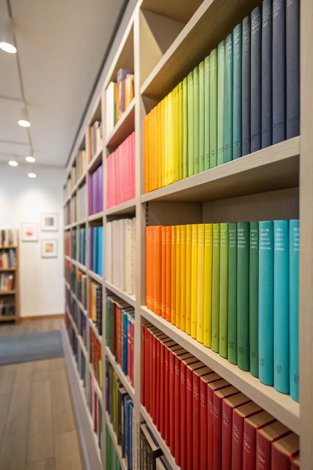 A vibrant rainbow of books crafting a unified visual sensation.