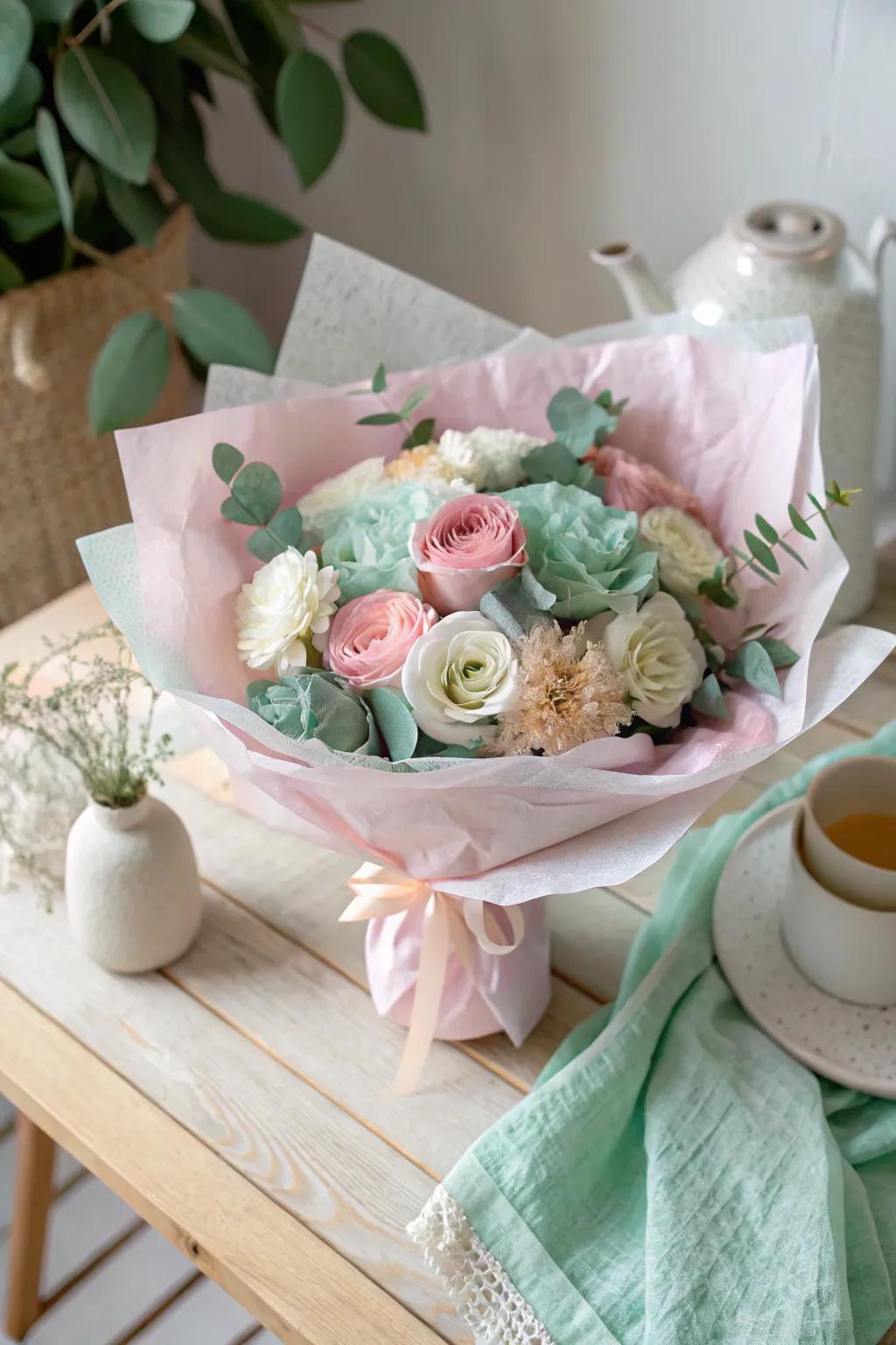 Transform your bouquet presentation with layered sheer paper for added color and texture. 🌸✨ #ScandinavianBoho #BouquetBeauty