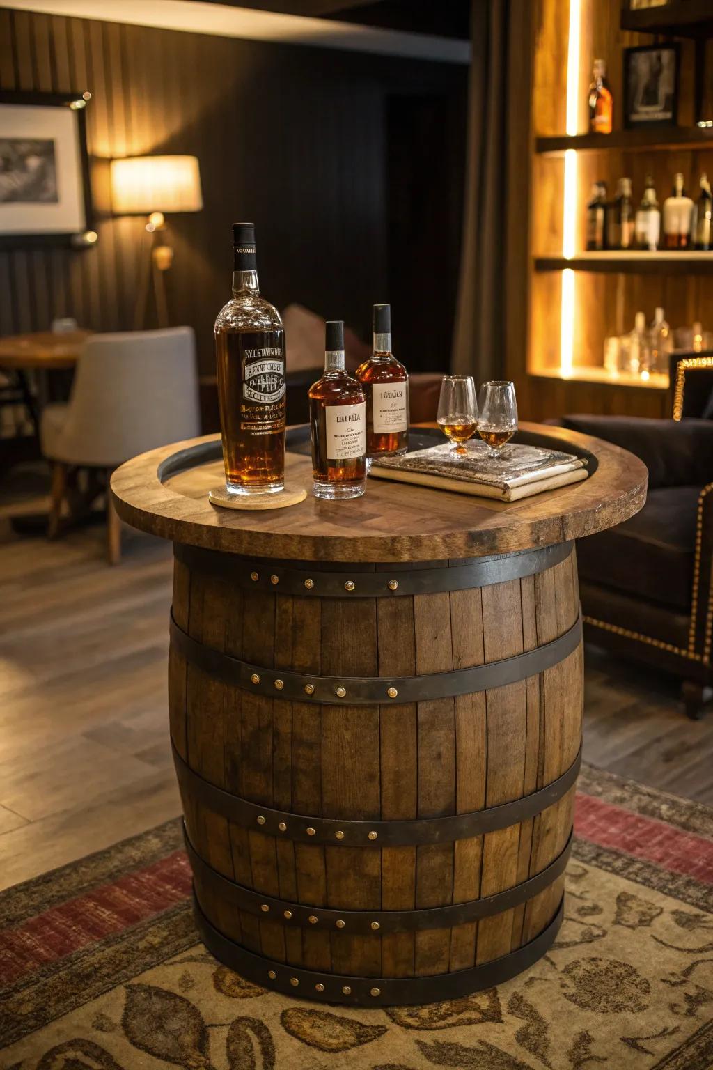 A whiskey barrel bar table adds unique character to your bourbon display.