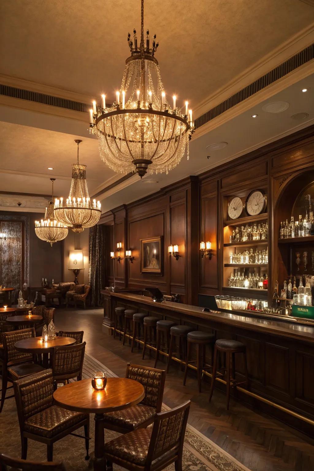 Luminaires and sconces work in harmony to craft an inviting scene.