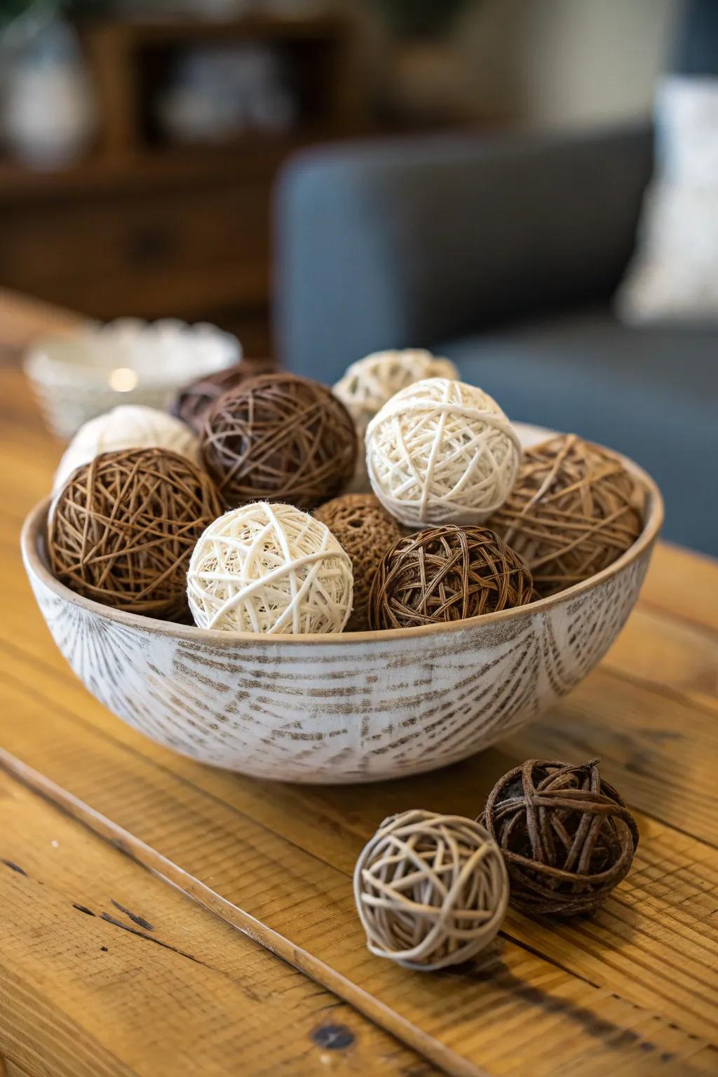 An artisanal bowl showcasing wicker and twine spheres