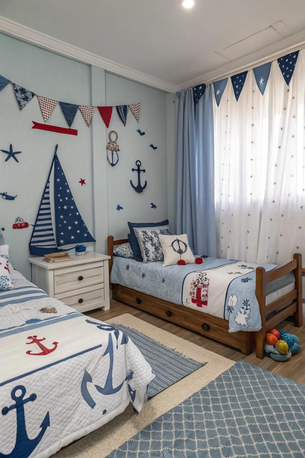 A cohesive theme, like sea-faring adventures, can unite a shared area.