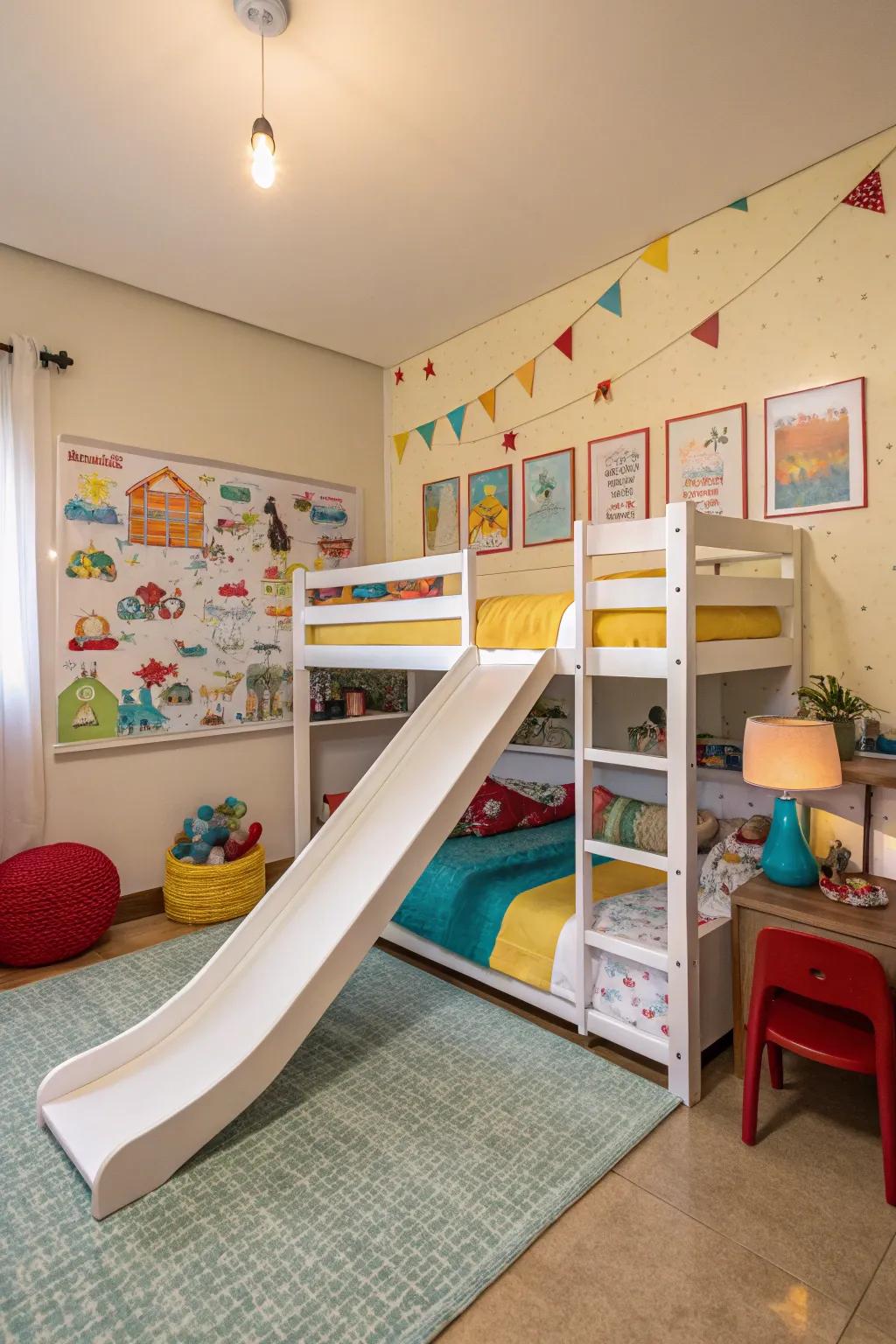 A tiered bed featuring a slide gives a playful vibe to every shared space.