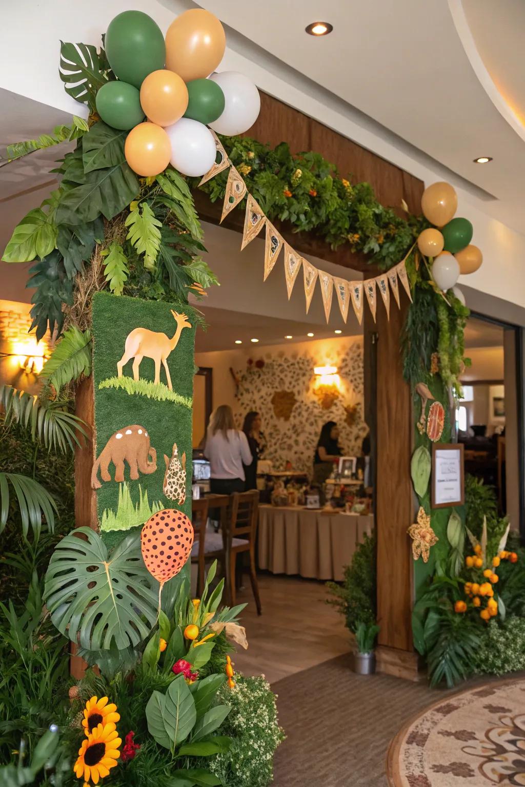 A jungle-themed baby shower featuring lush foliage and playful wildlife decorations