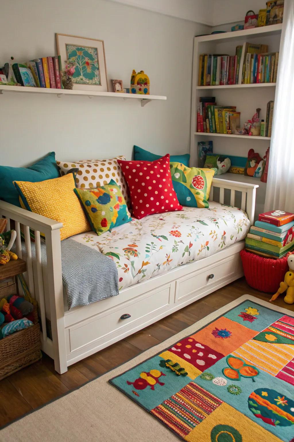 Establish a comfortable escape with an attentively arranged cushion display.