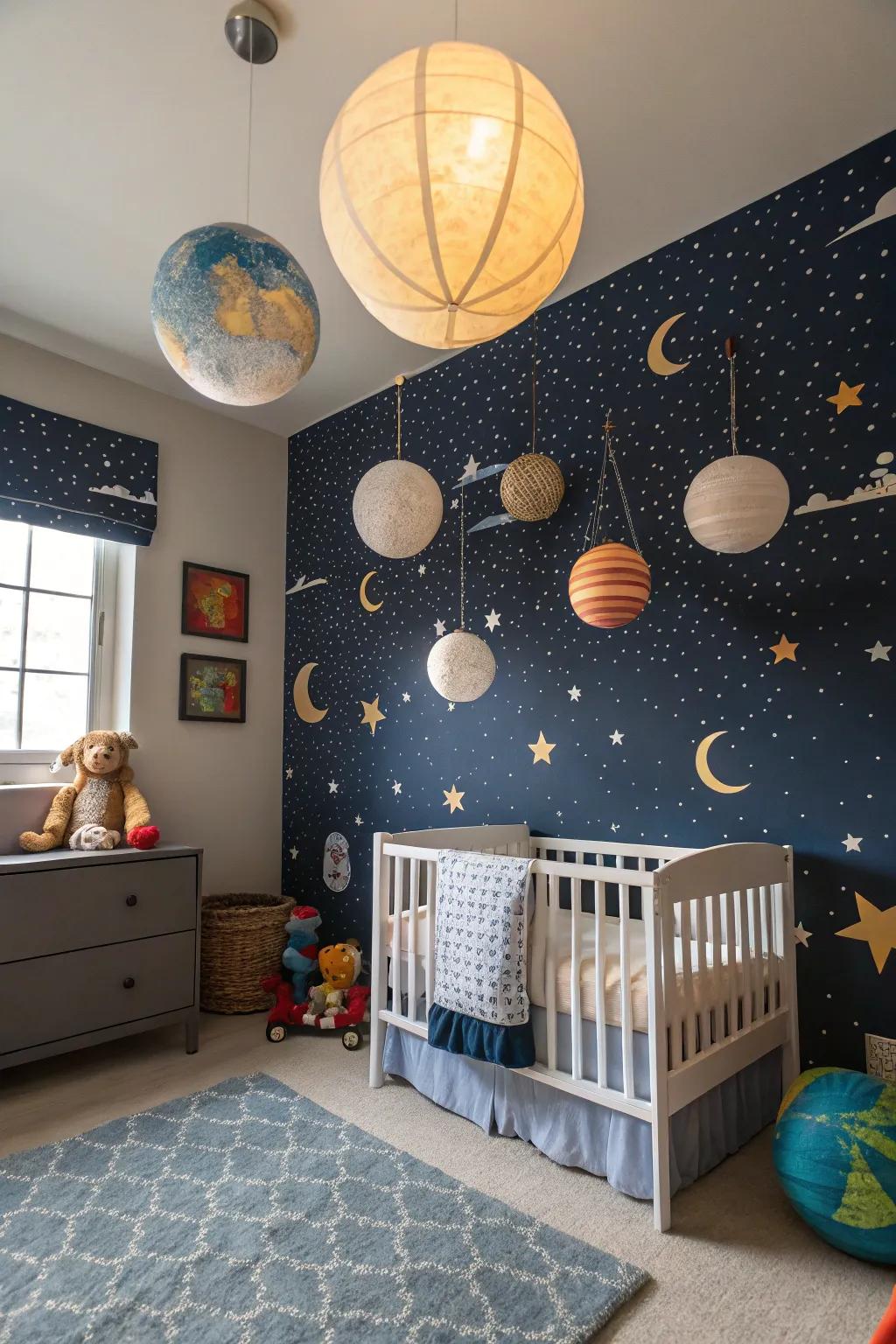Ignite wonder with a space-themed nursery for your little explorer.
