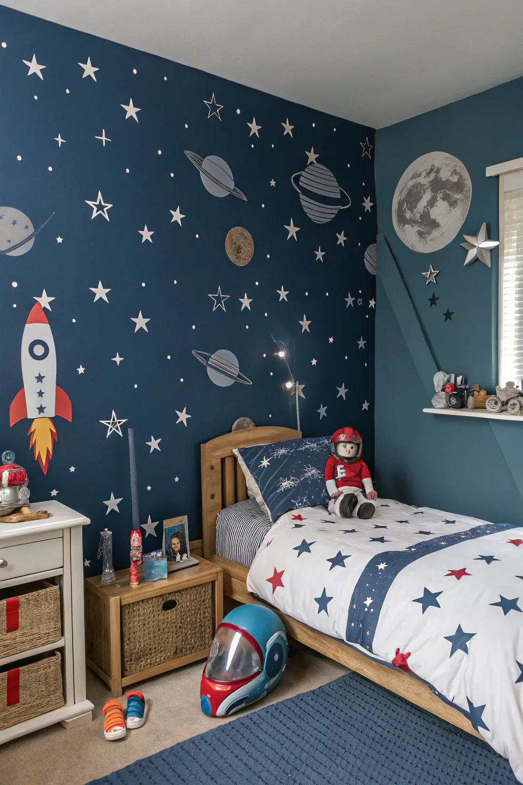 Travel to the stars with a space-themed room.