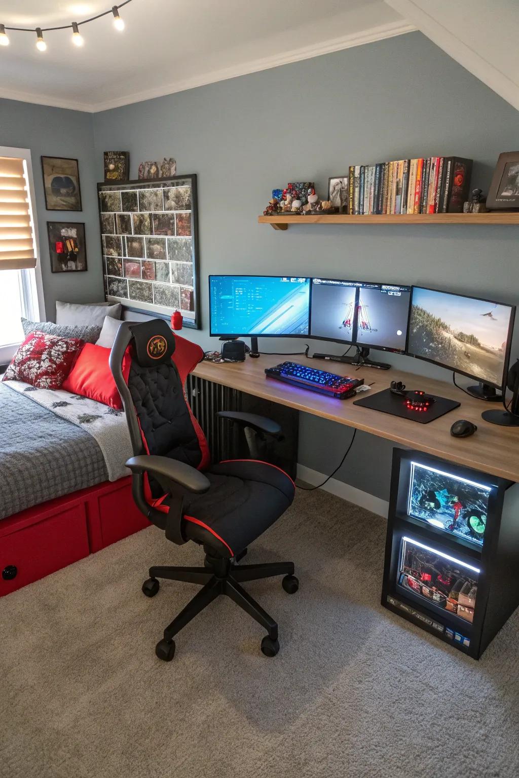 A triple monitor setup delivers a panoramic perspective for the ultimate gaming experience.