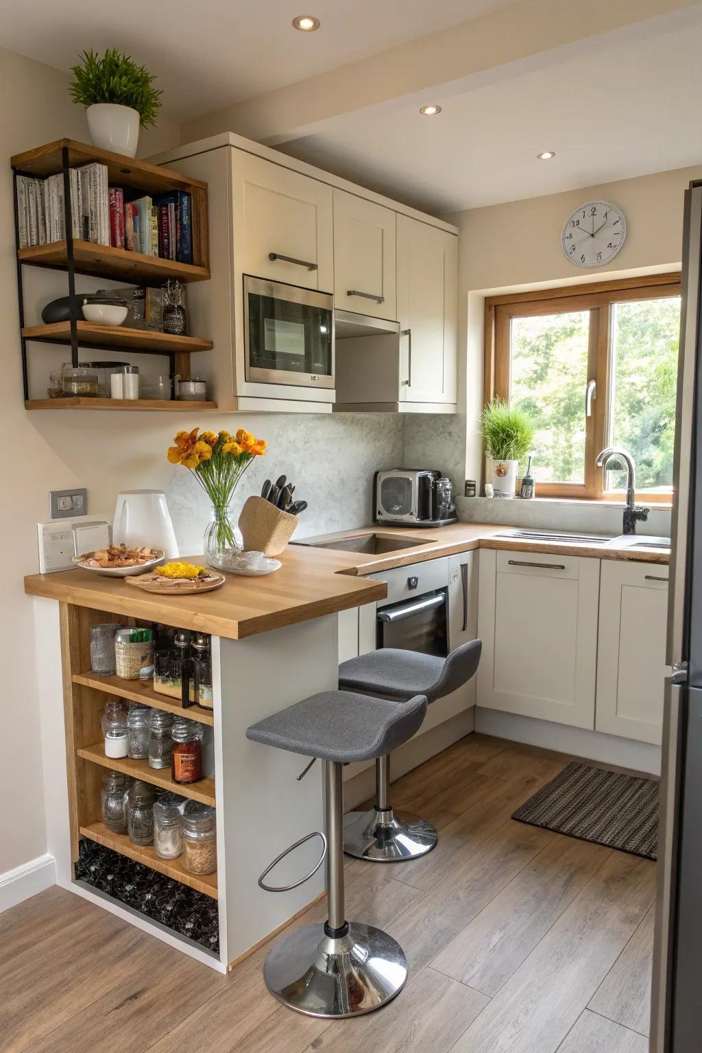 A breakfast bar that is seamlessly incorporated into a small kitchen design.