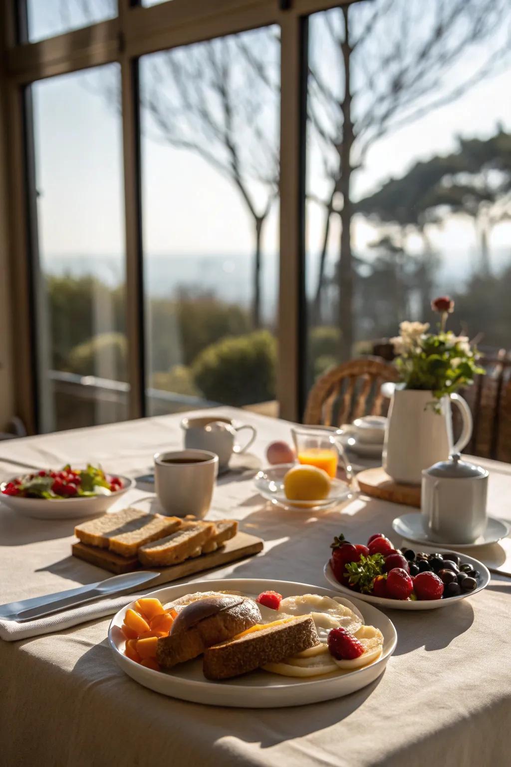 Natural light enhancing a breakfast table next to the pane.