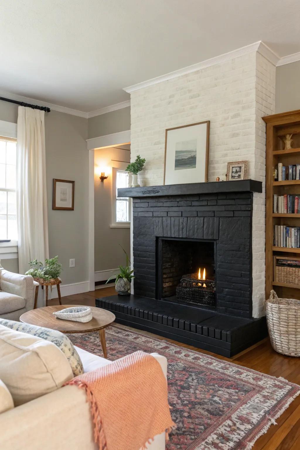 A striking black painted brick hearth that grabs attention and makes a statement.