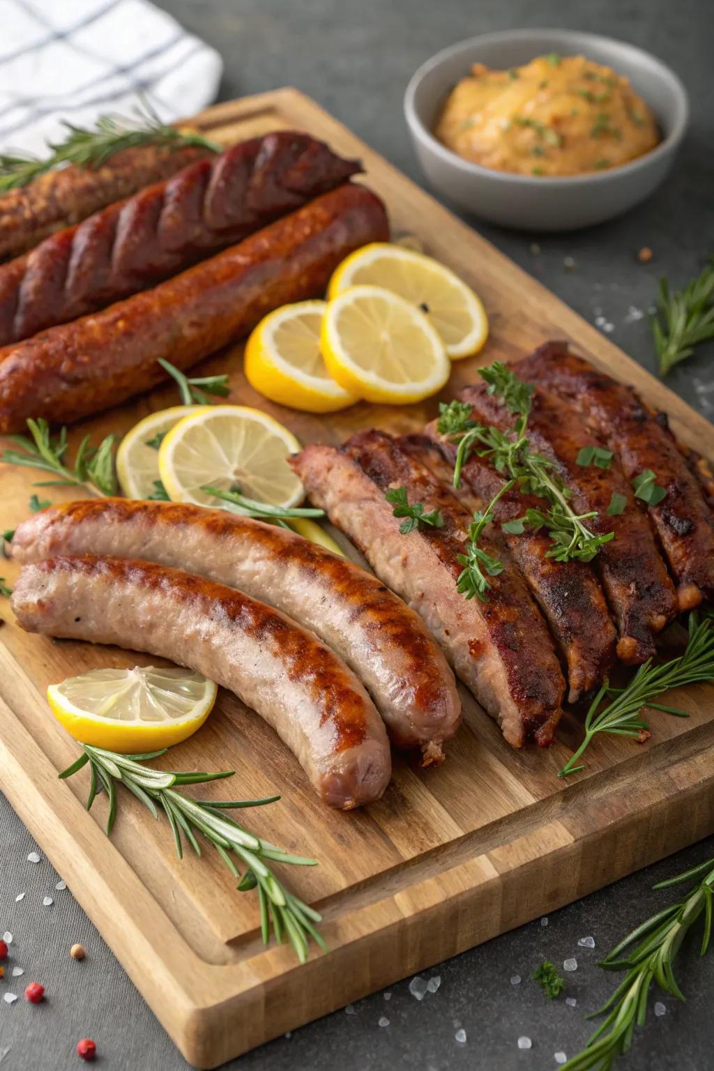 An exquisite blend of smoked links and spare ribs as a complement to carved meat.