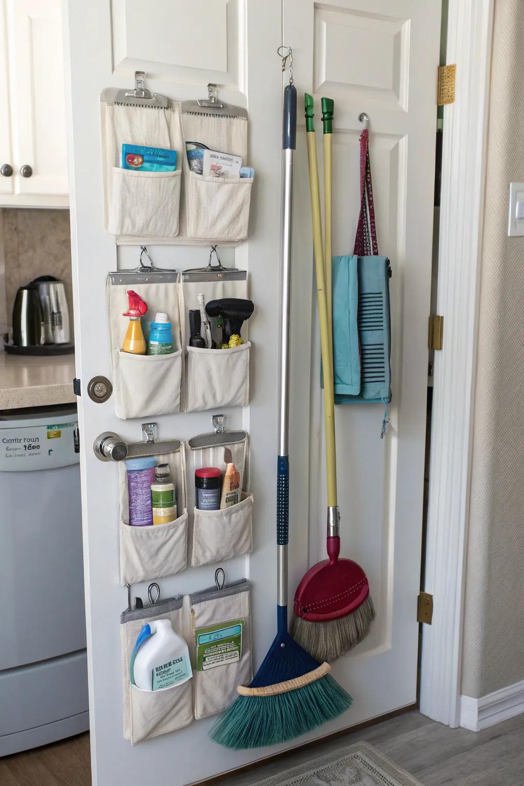 Utilize door space for concealed broom storage.