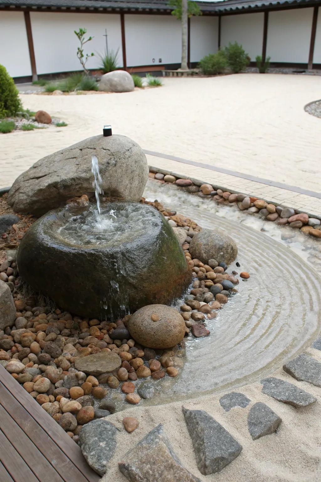 A Zen garden fountain cultivates a peaceful setting for reflection.