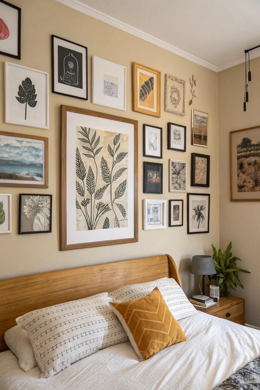 An array of affordable art prints infuses personality into the bedroom.