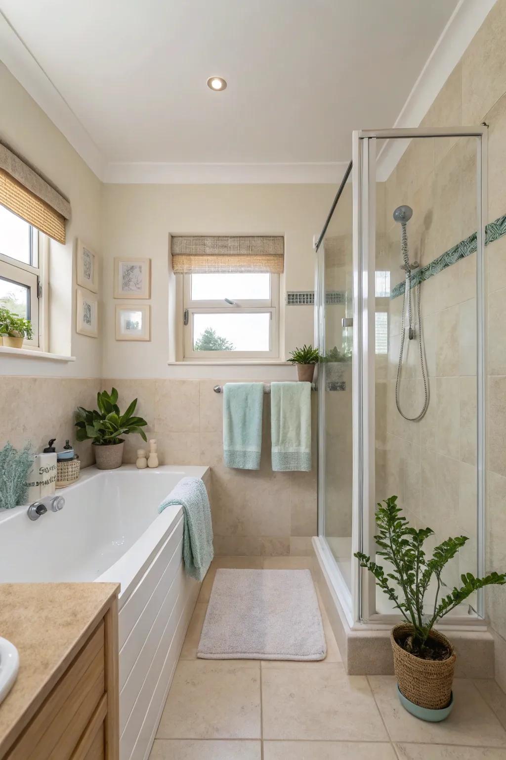 A bright and airy small bathroom designed with whites and gentle tints.