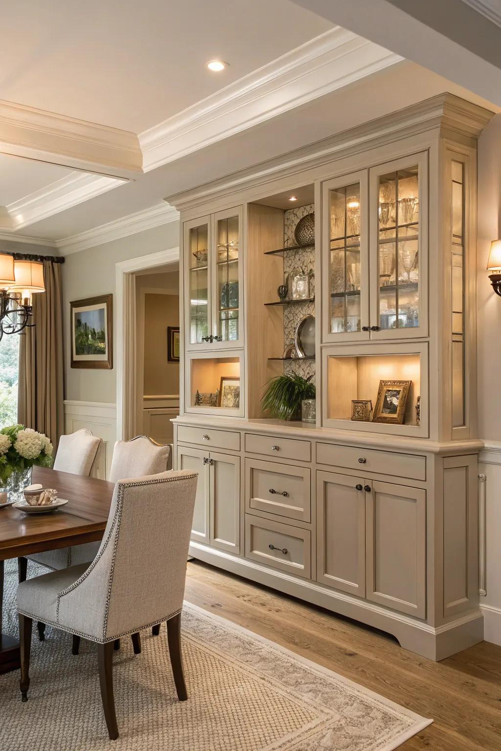 A timeless dining room design showcasing built-in cabinets in soft colors.