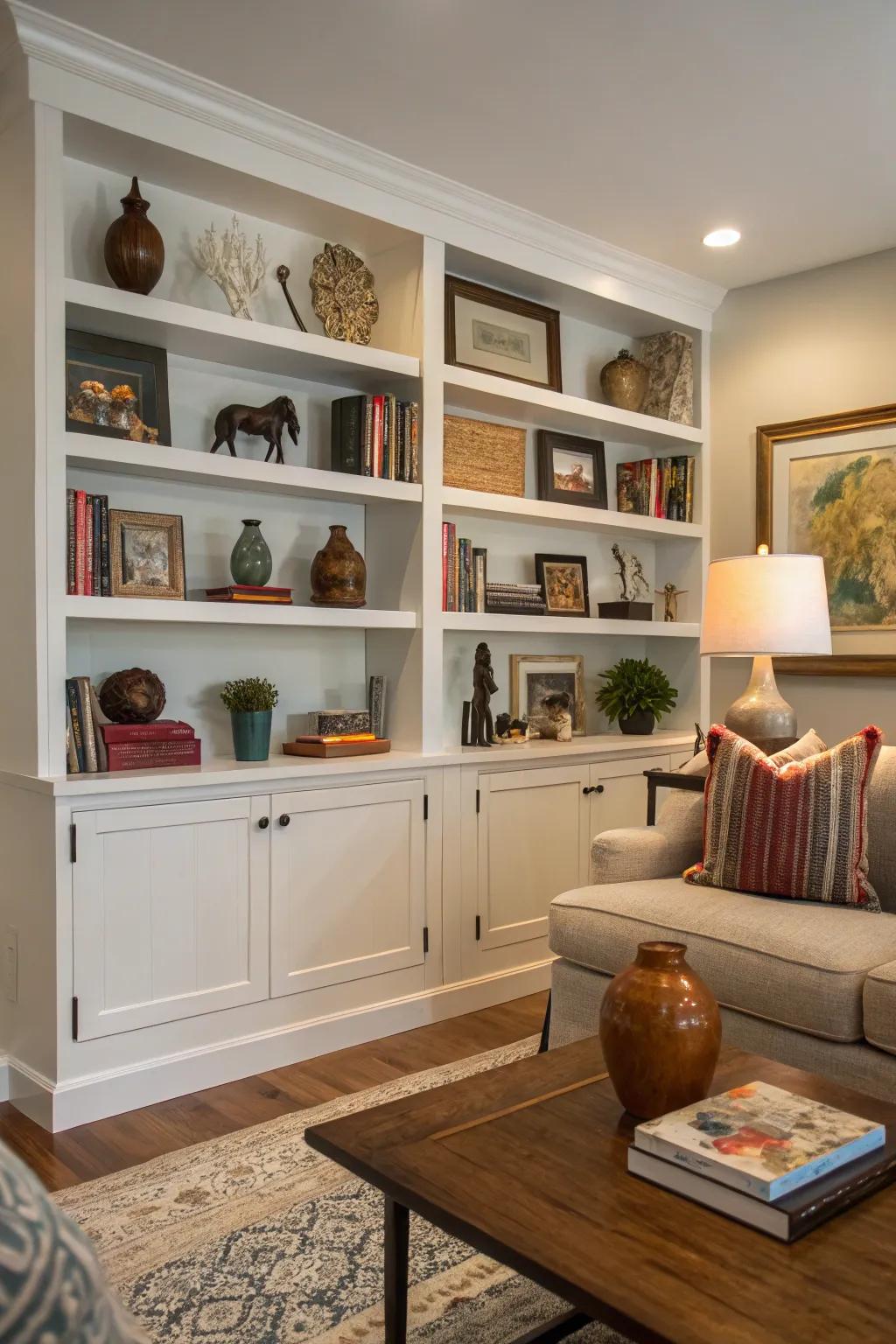 Art and decor displayed on built-in shelves give the room a personal touch.
