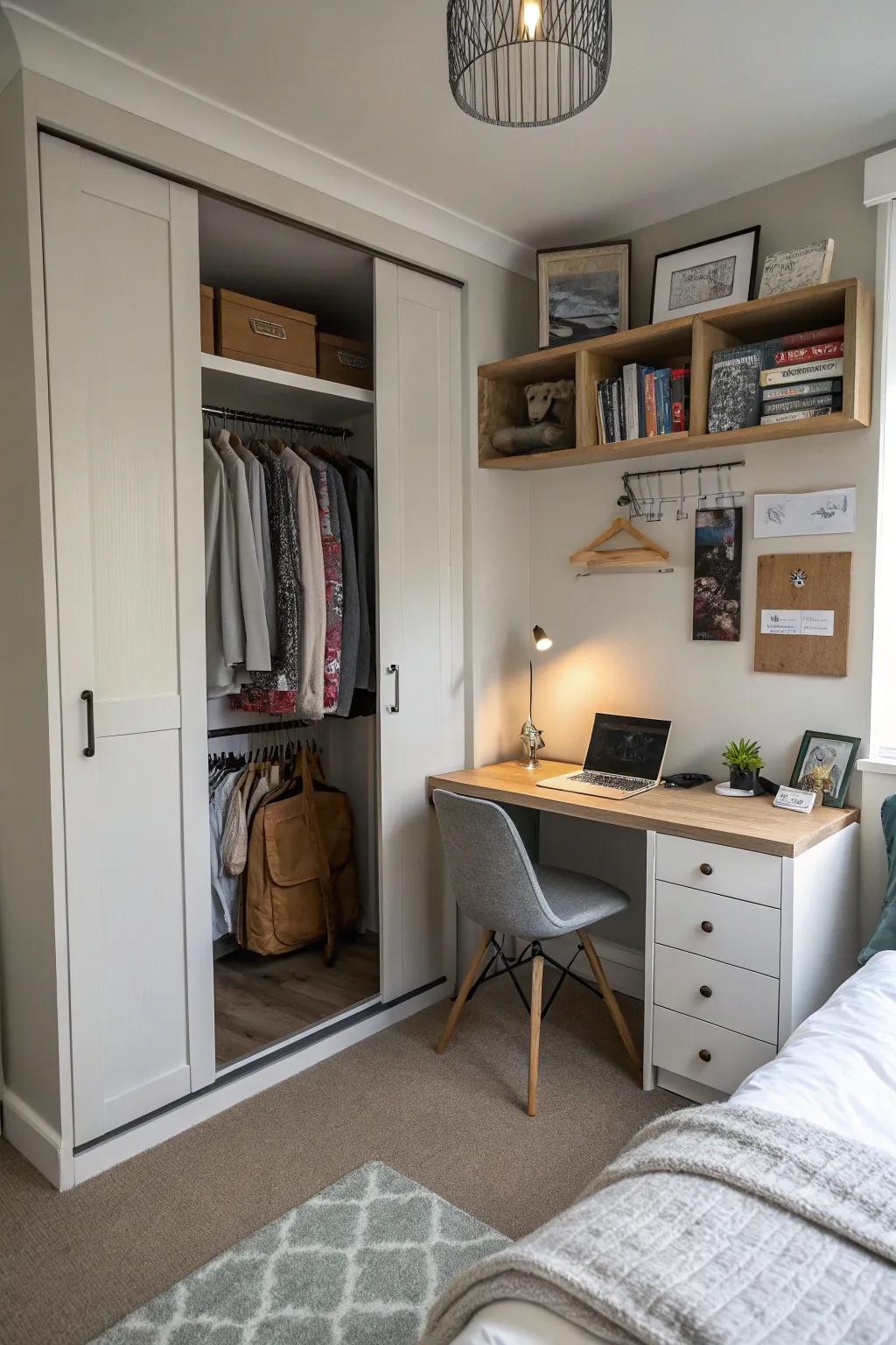 A thoughtful integration of a study area within a wardrobe for dynamic space utilization.