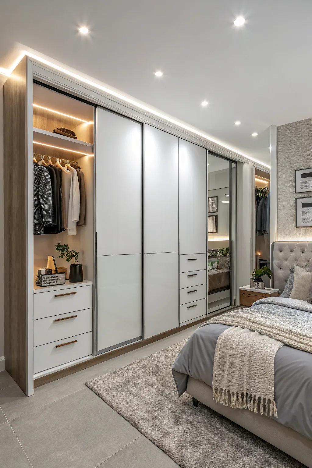 Integrated illumination metamorphoses a wardrobe into a radiant centerpiece.