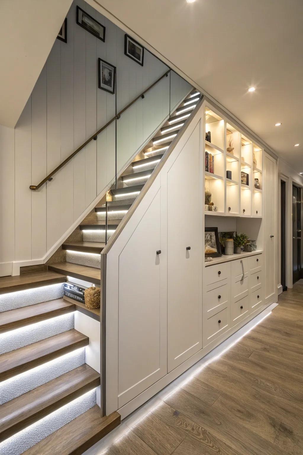 Smart storage solutions crafted for stair bulkheads.