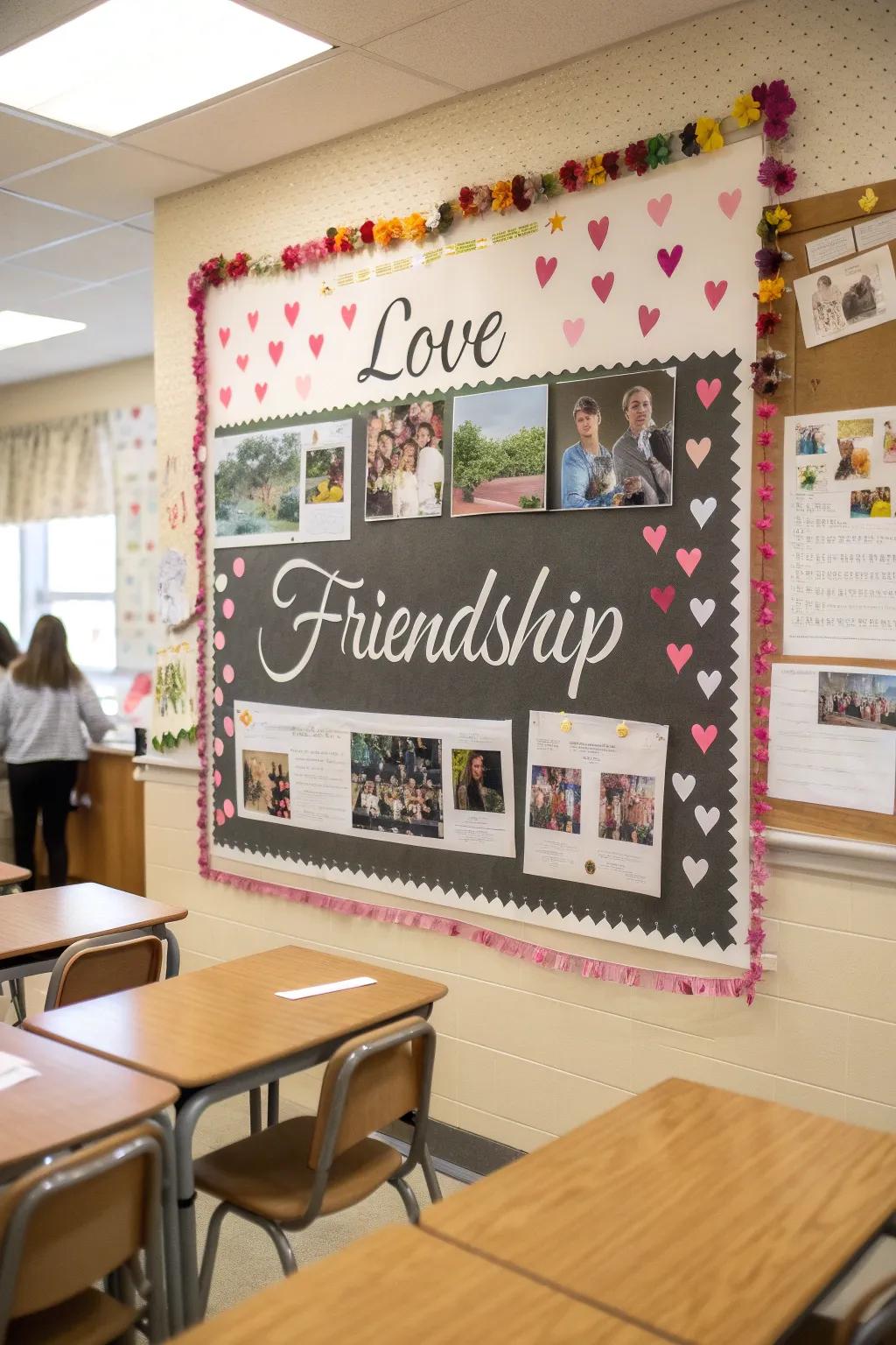 A bulletin board emphasizing uplifting sayings related to affection and alliance.