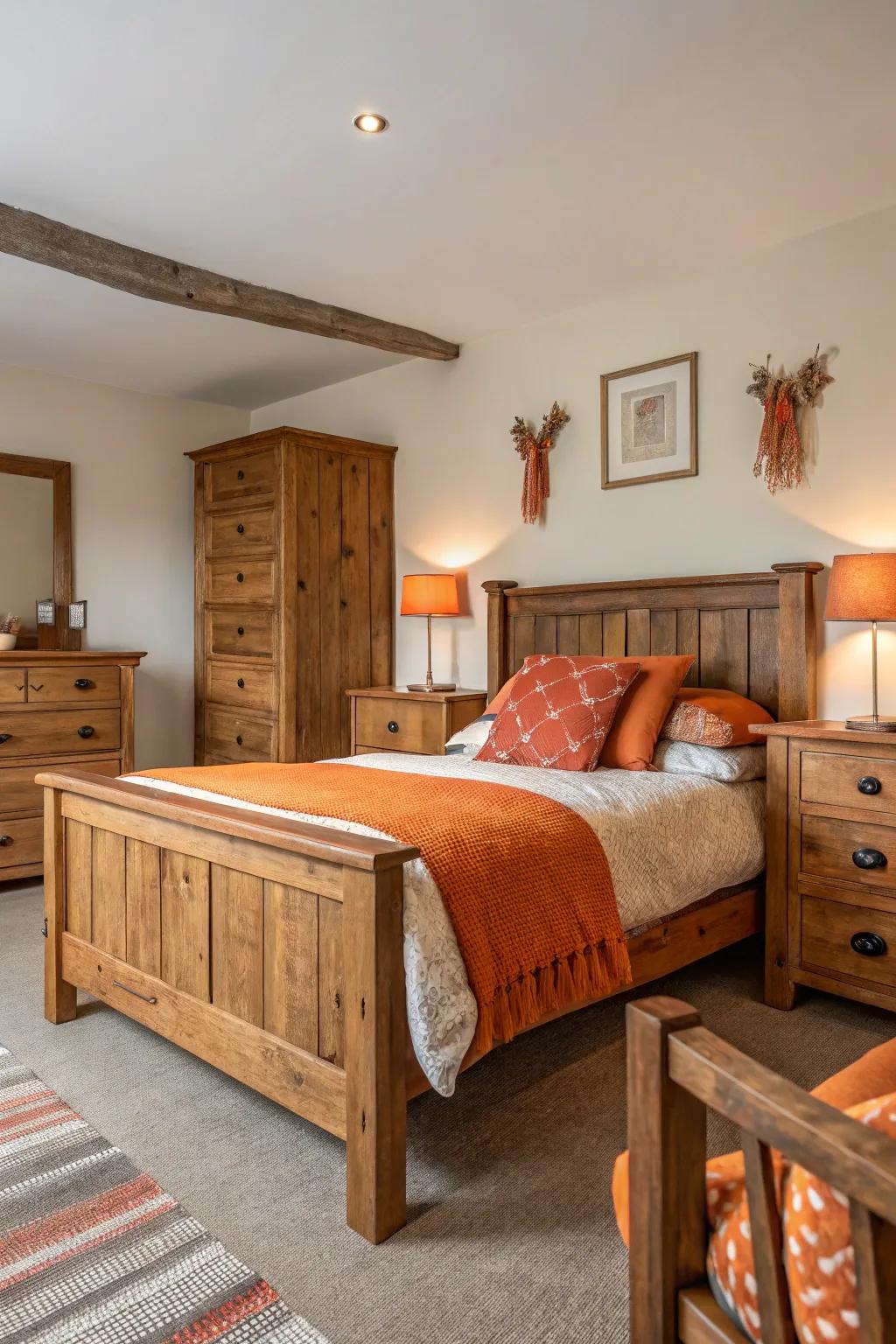 Rustic wooden furniture sets the stage for a cozy ambiance, perfectly accented with dashes of burnt orange.