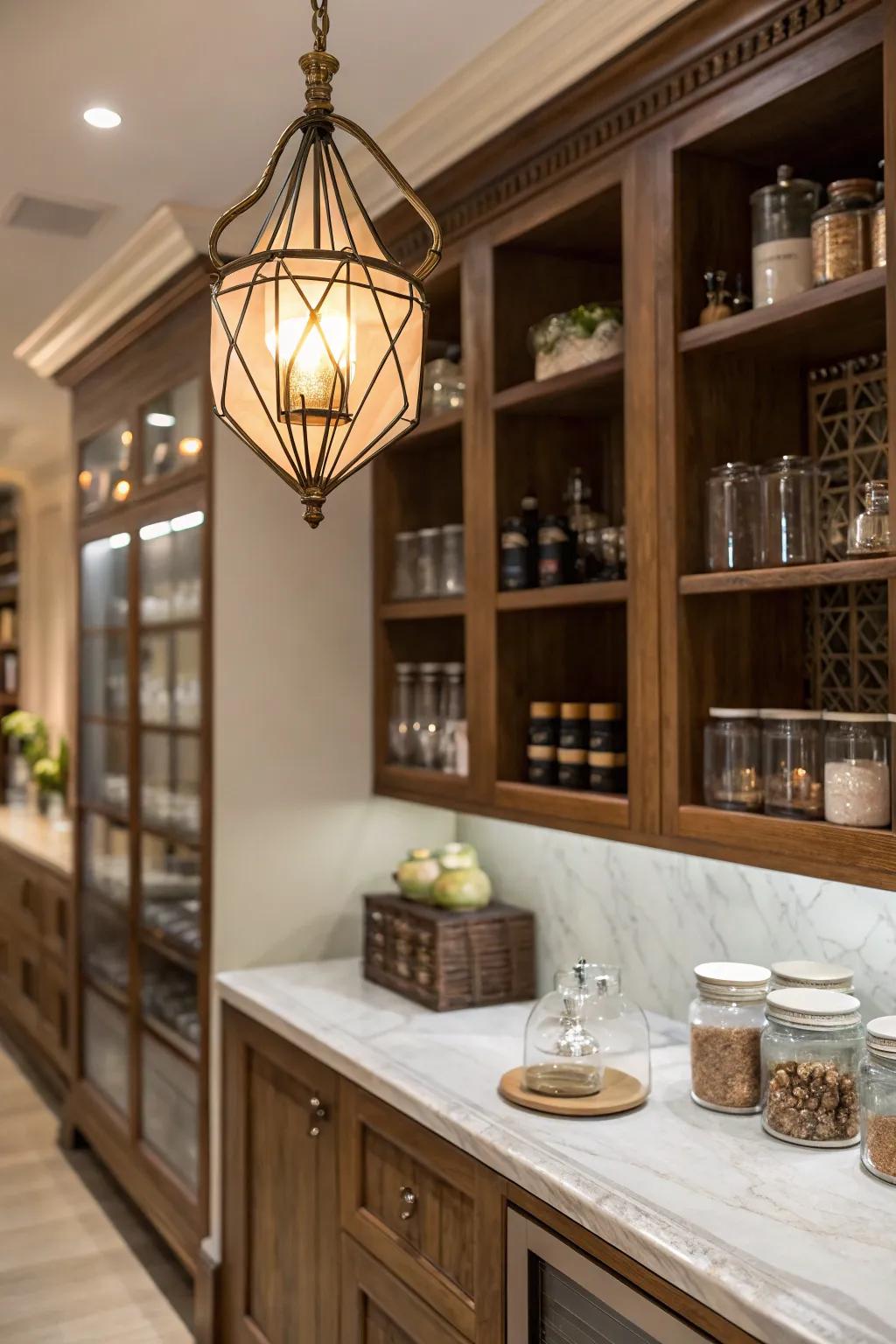 An elegant service kitchen enhanced by a timeless pendant light, setting a refined tone.