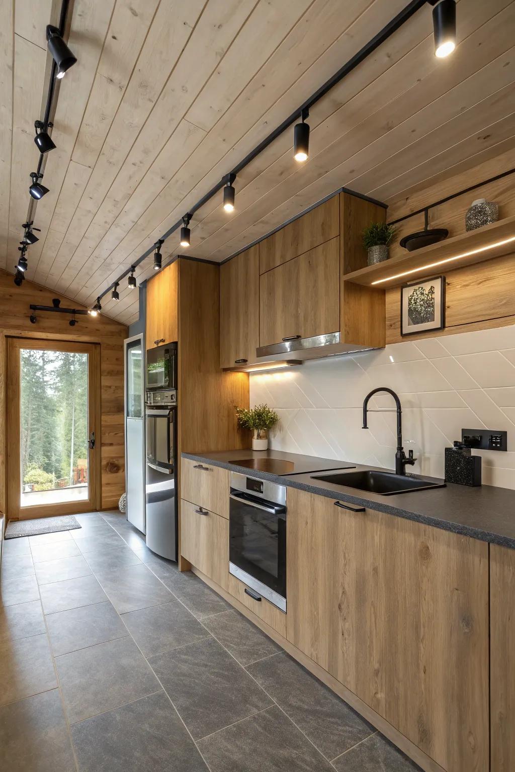 A modern cabin kitchen with sleek track lighting for a stylish and functional look.