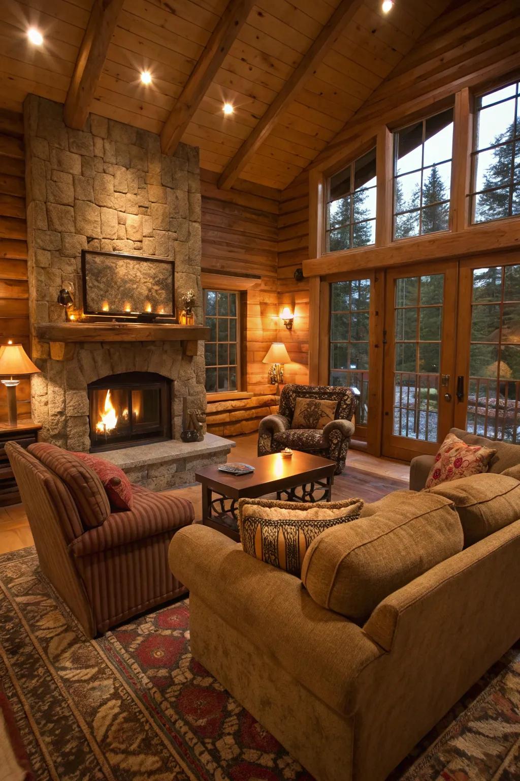 Comfortable seating in organic tones makes for an inviting cabin space.