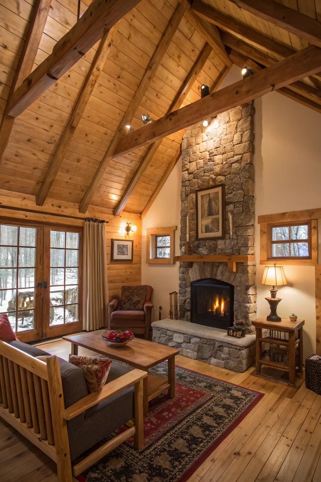 Uncovered supports introduce an authentic charm to this spacious cabin environment.