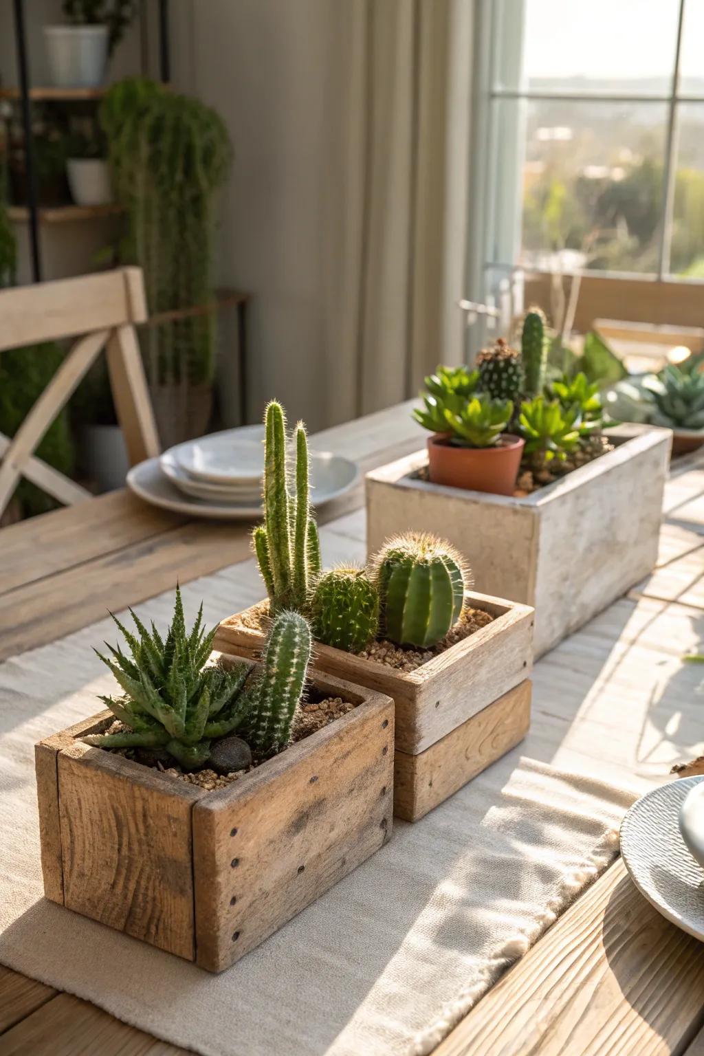 Timber housings bestow a countryside allure to cactus displays.
