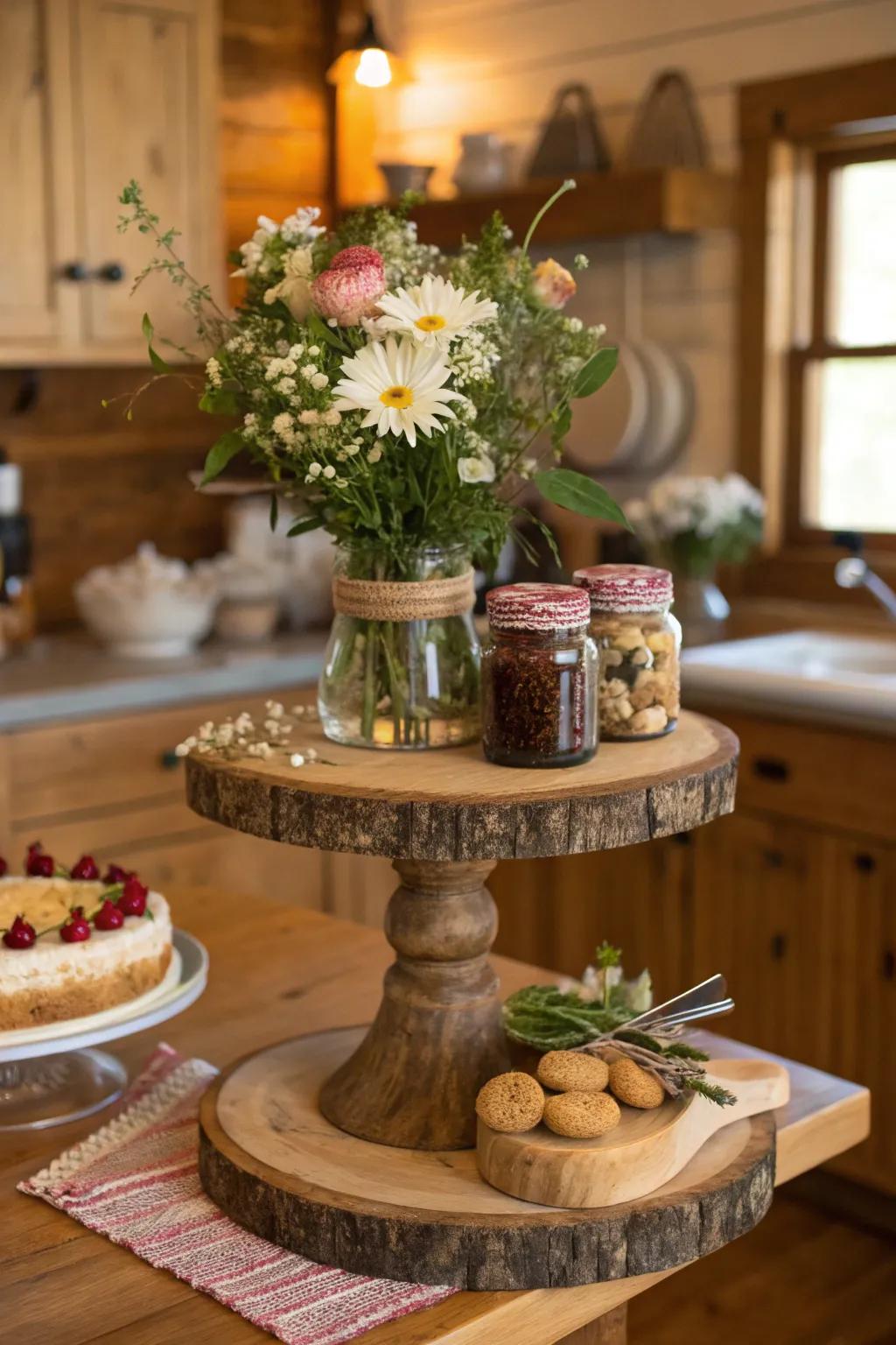 A rustic cake stand display adds warmth and charm to your home.