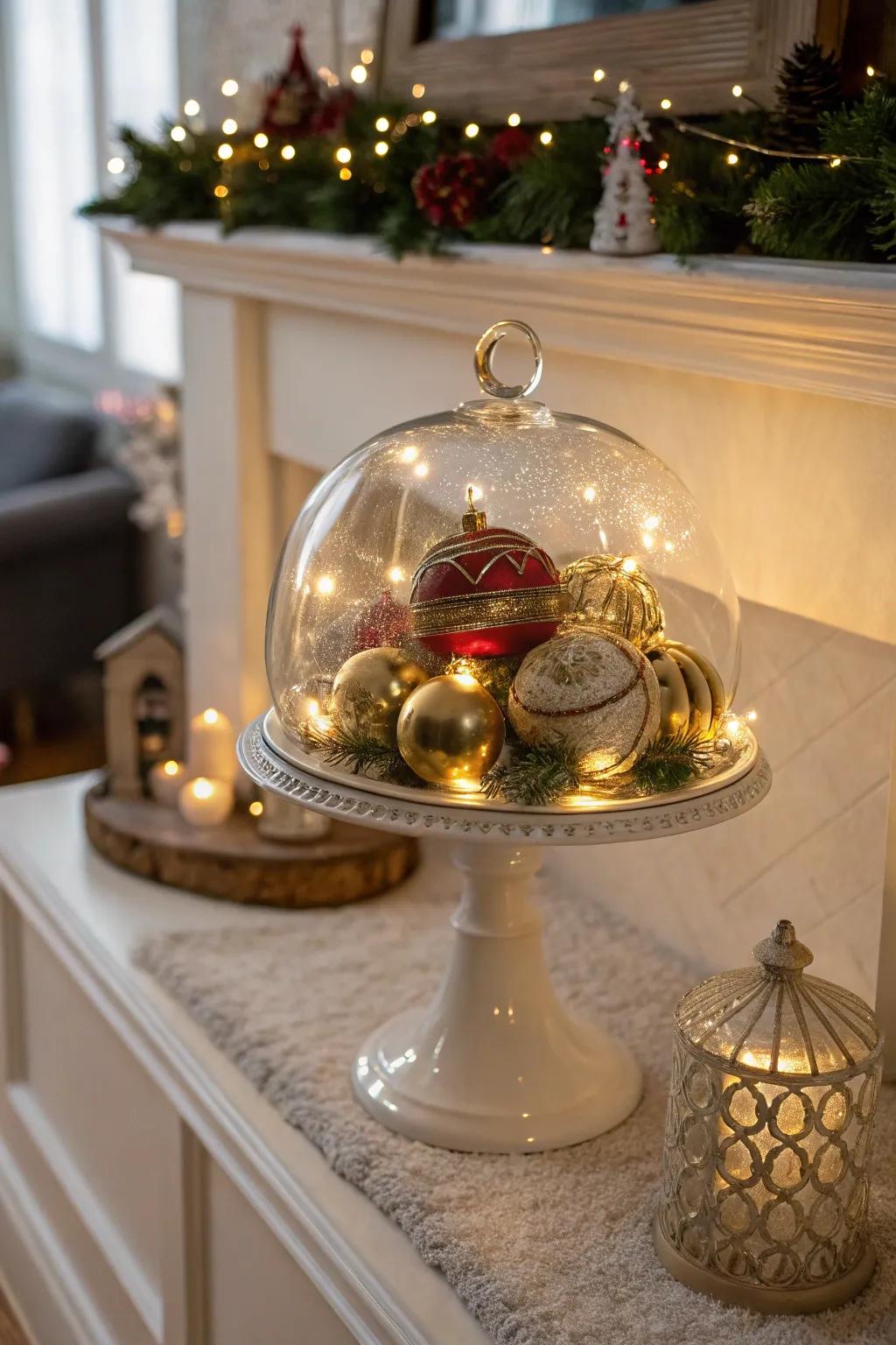 Present a festive atmosphere using holiday-inspired decorations displayed under glass.