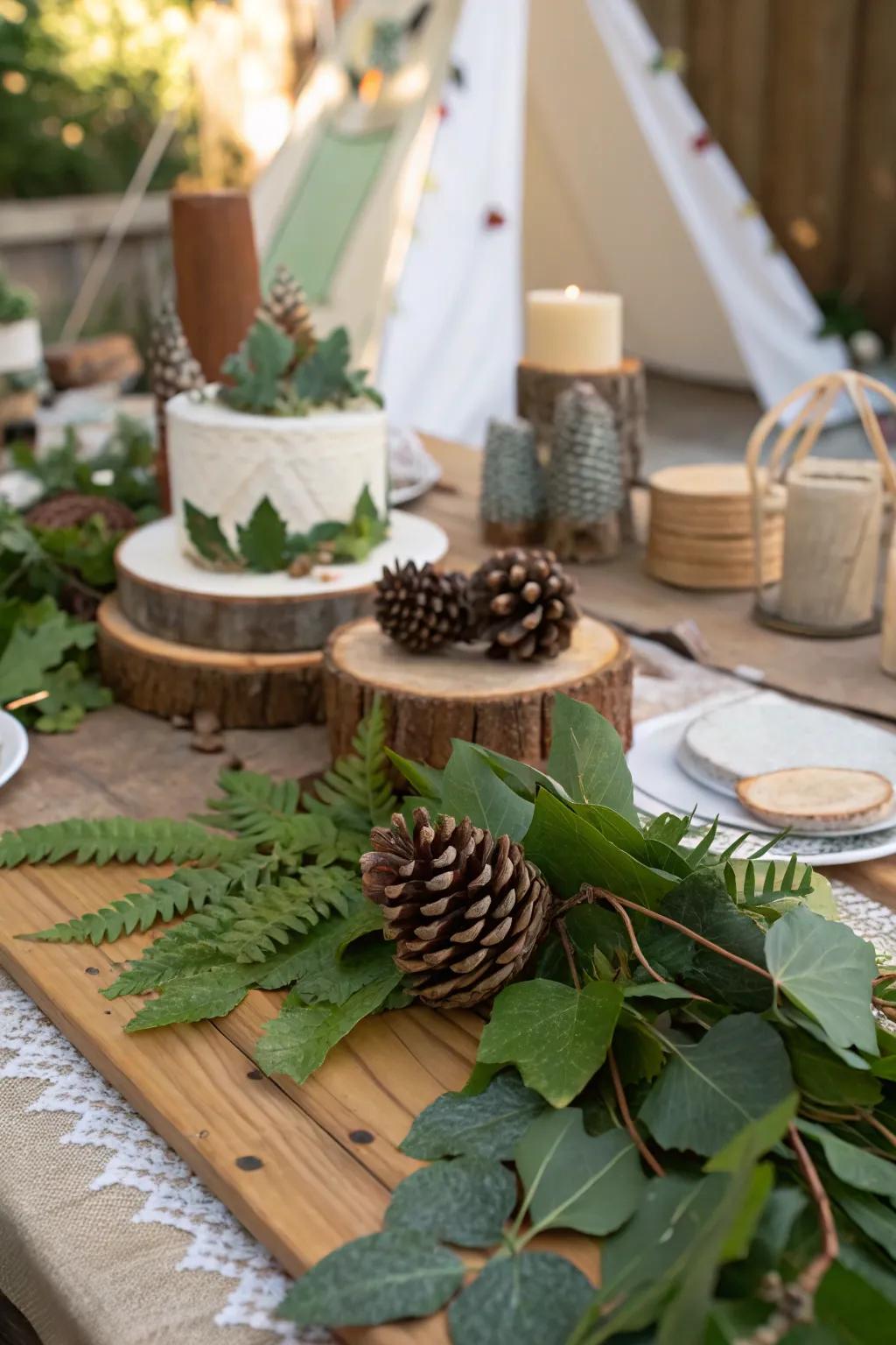 Nature-inspired decorations create a woodland ambiance.