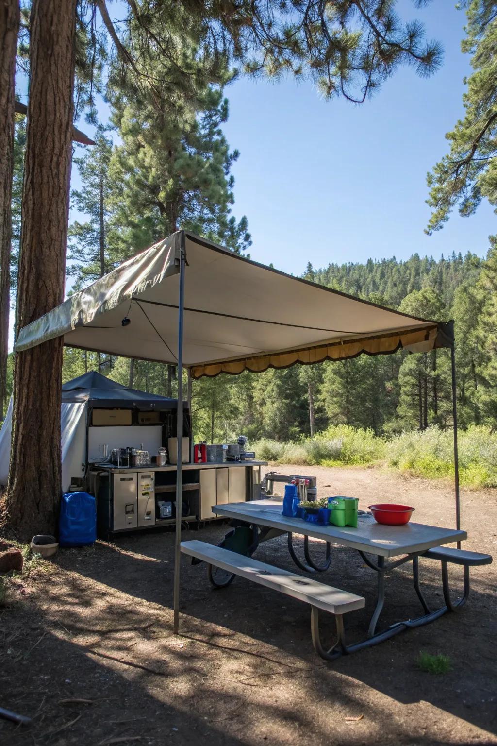 A cover providing important protection for a camp kitchen.