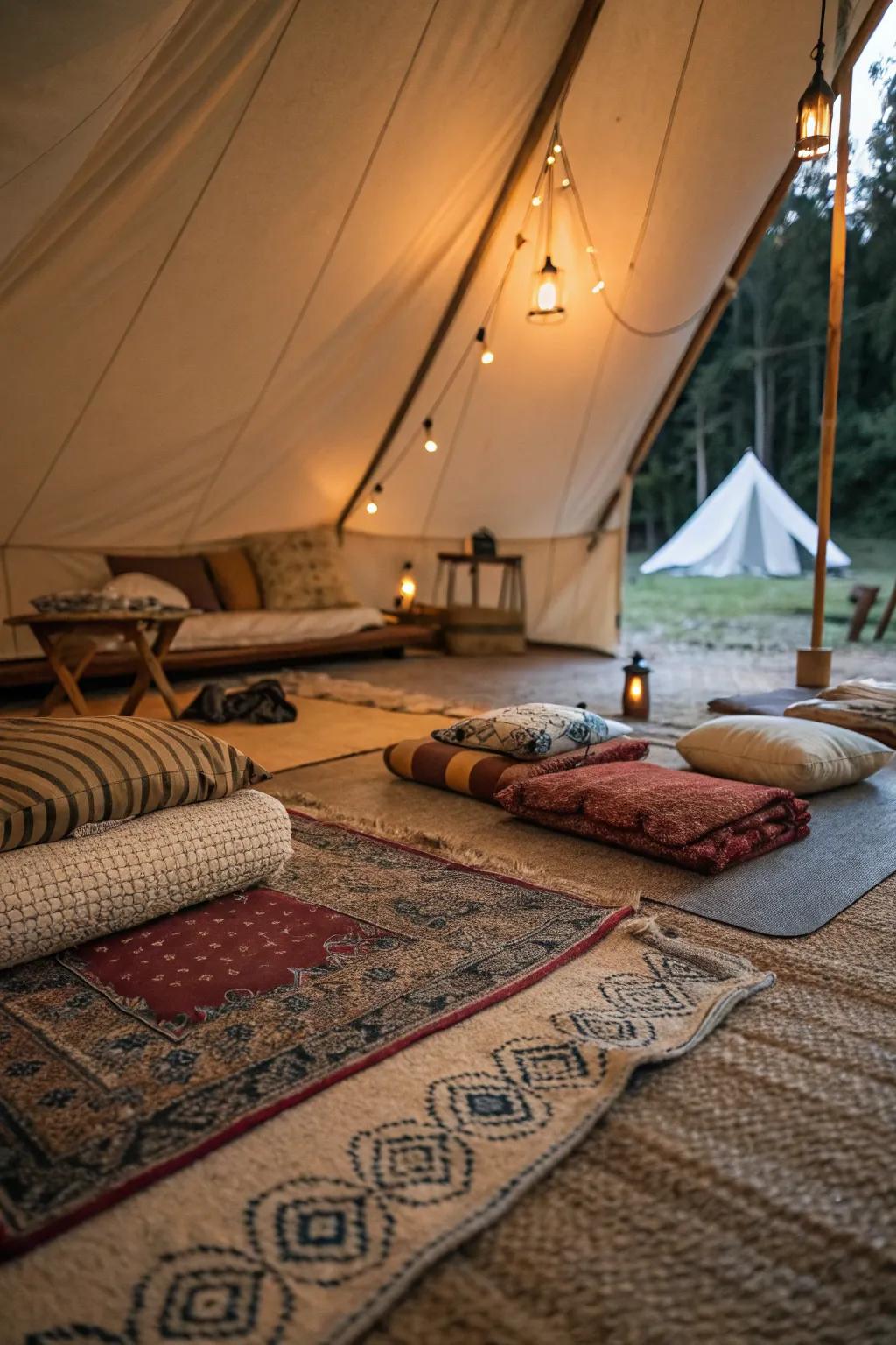 Introduce gentle floorcloths for a familiar and agreeable tent interior.