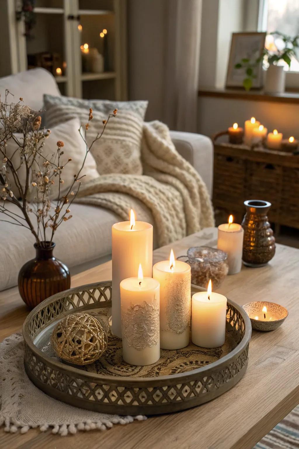 Layered candle heights provide a dynamic and stylish centerpiece.
