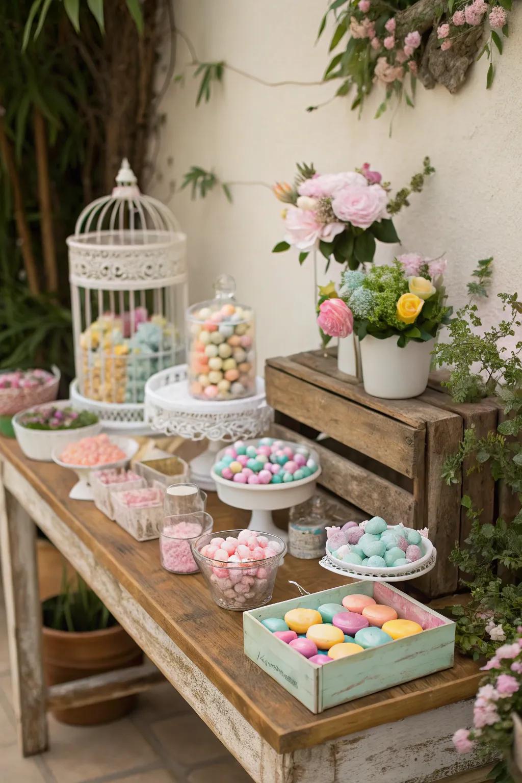 A garden-themed candy display flourishing with elegance and sweetness.