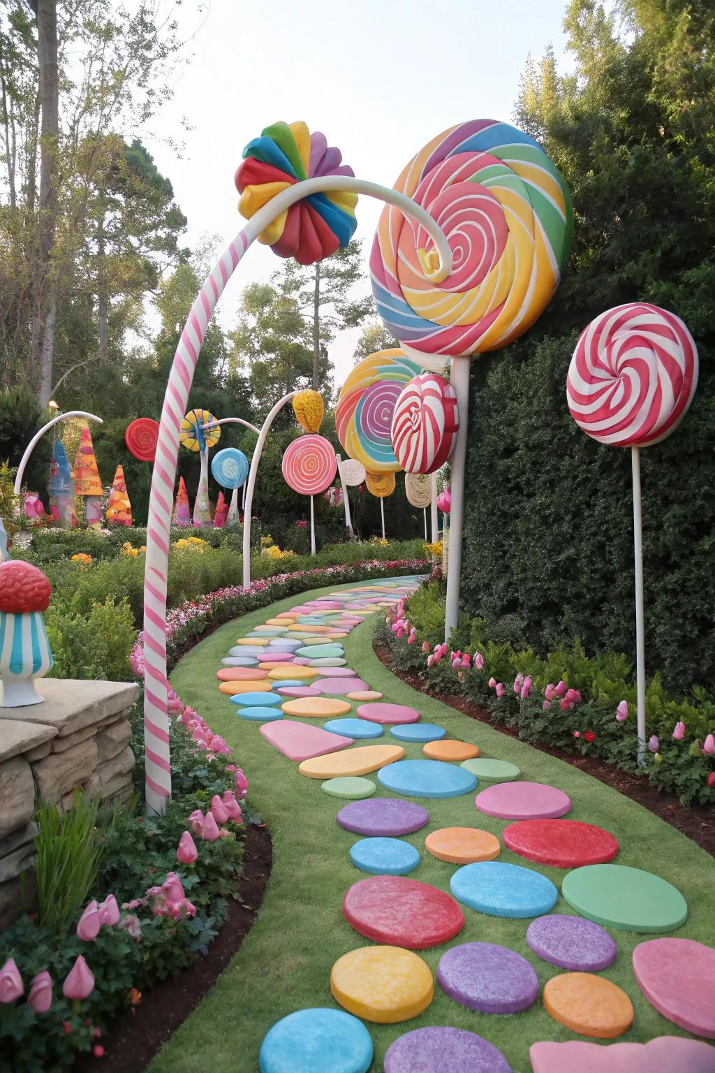 A whimsical path of lollipops leads you through a candy wonderland.