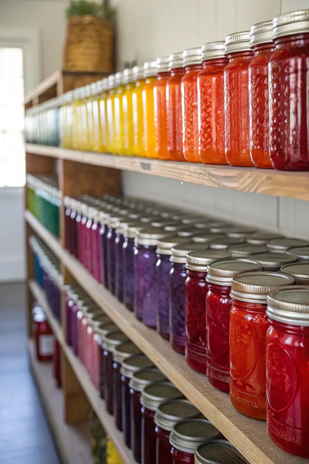 Brighten your kitchen using canning jars that are arranged by color.