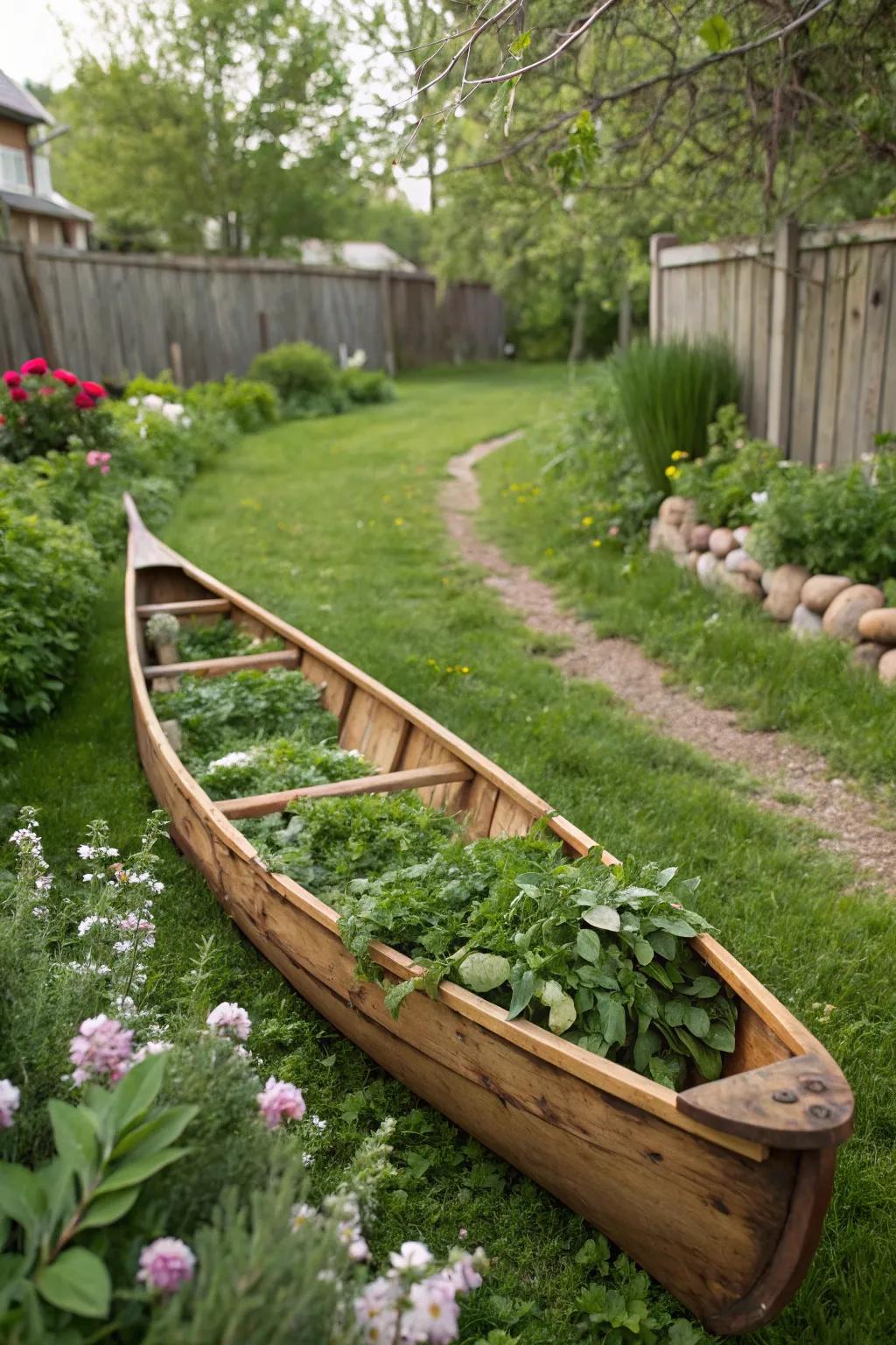 A wooden boat planter radiates rustic charm in a garden.