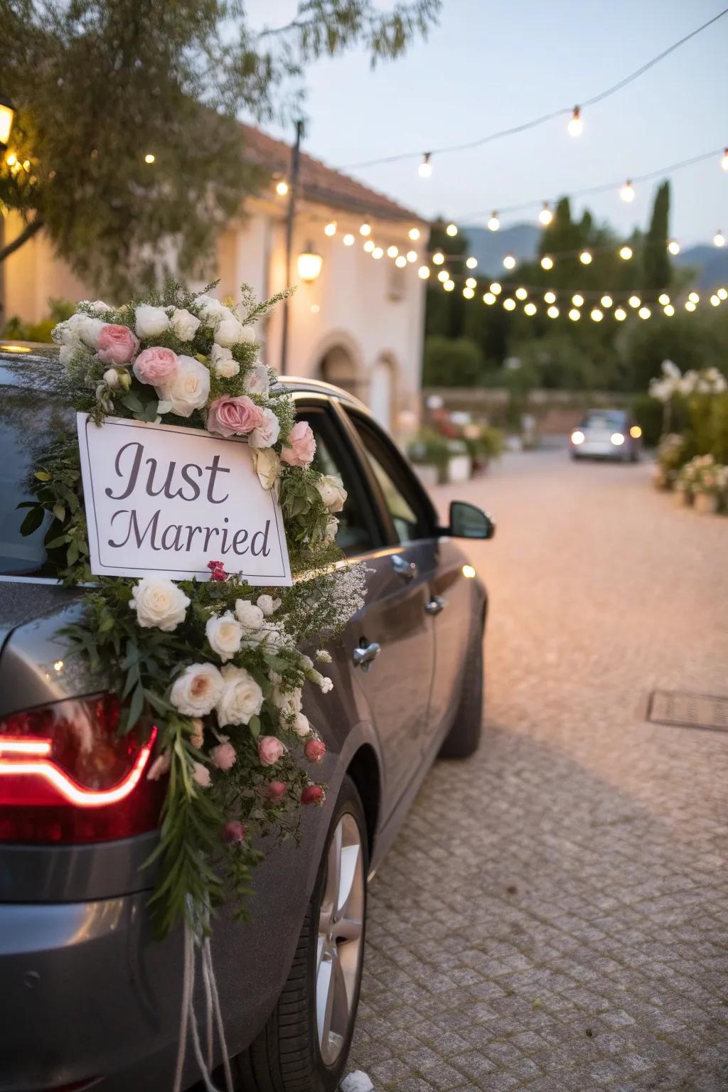 A beautifully decorated wedding car with floral elegance and celebratory signs.