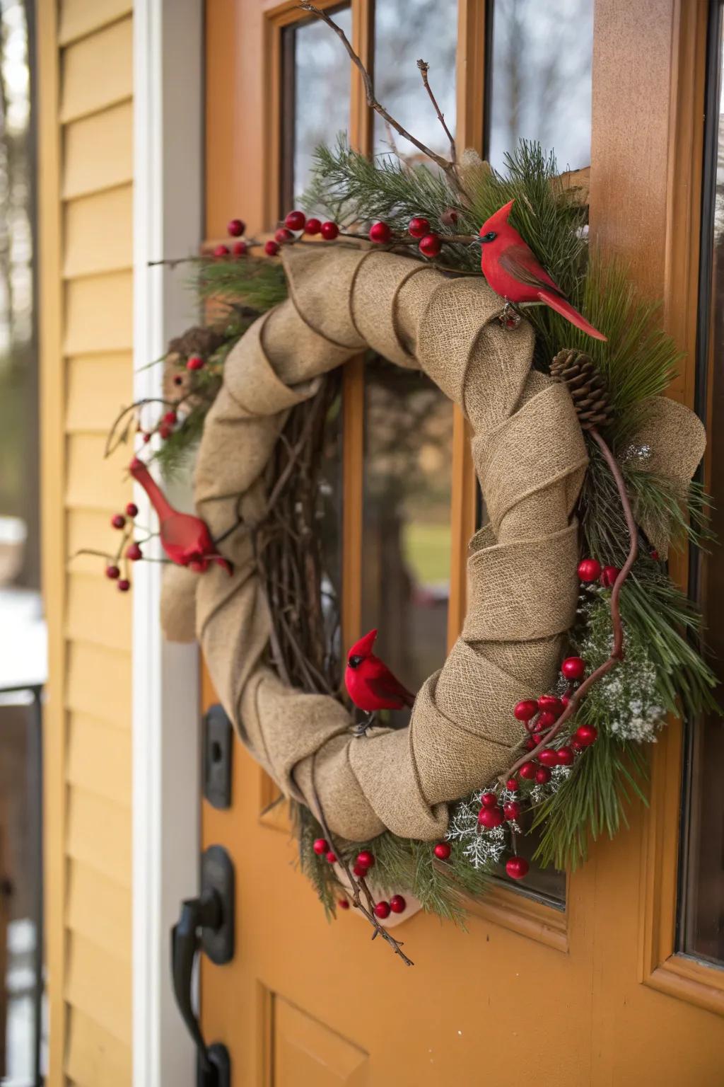 A country-chic wreath blending hessian and cardinals for a cozy welcome.